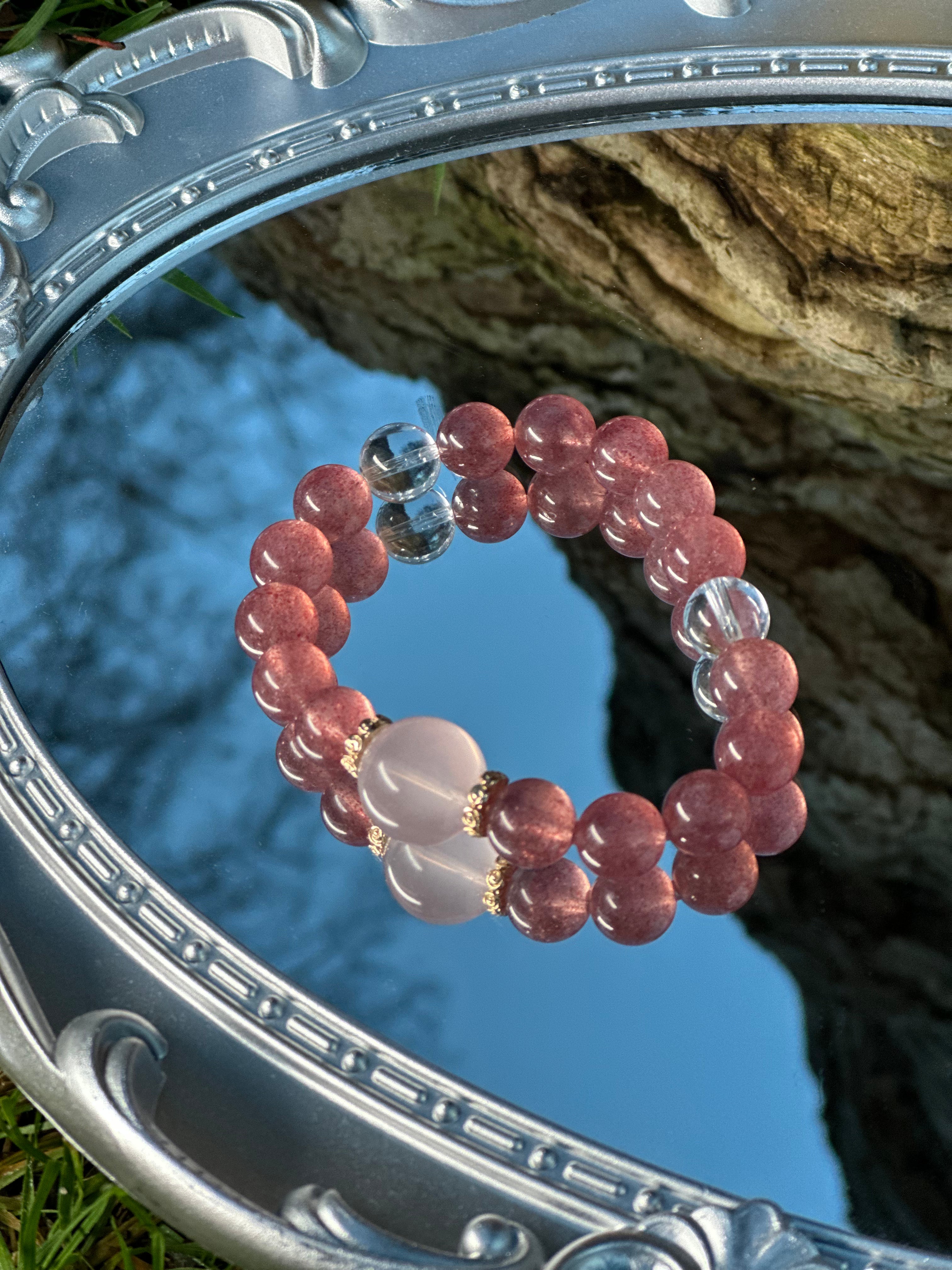Strawberry Crystal & Rose Crystal Bracelet with Clear Crystal Mindful Pure Crystal Bracelet for Calm, Balance & Inner Stability