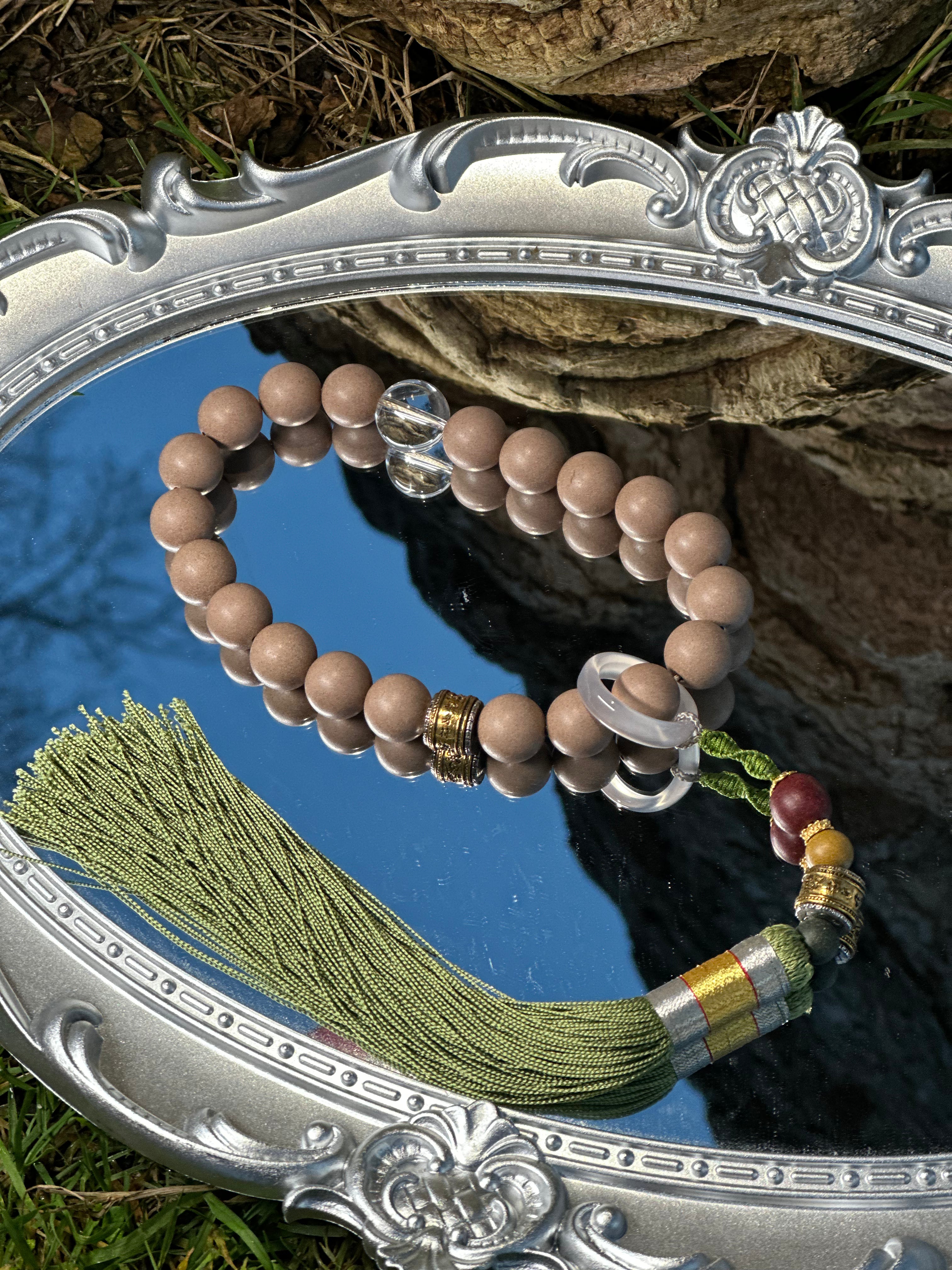 Botanical Incense Bead Handheld with Clear Quartz Handcrafted Ritual Beads with Sliding Ring & Tassel