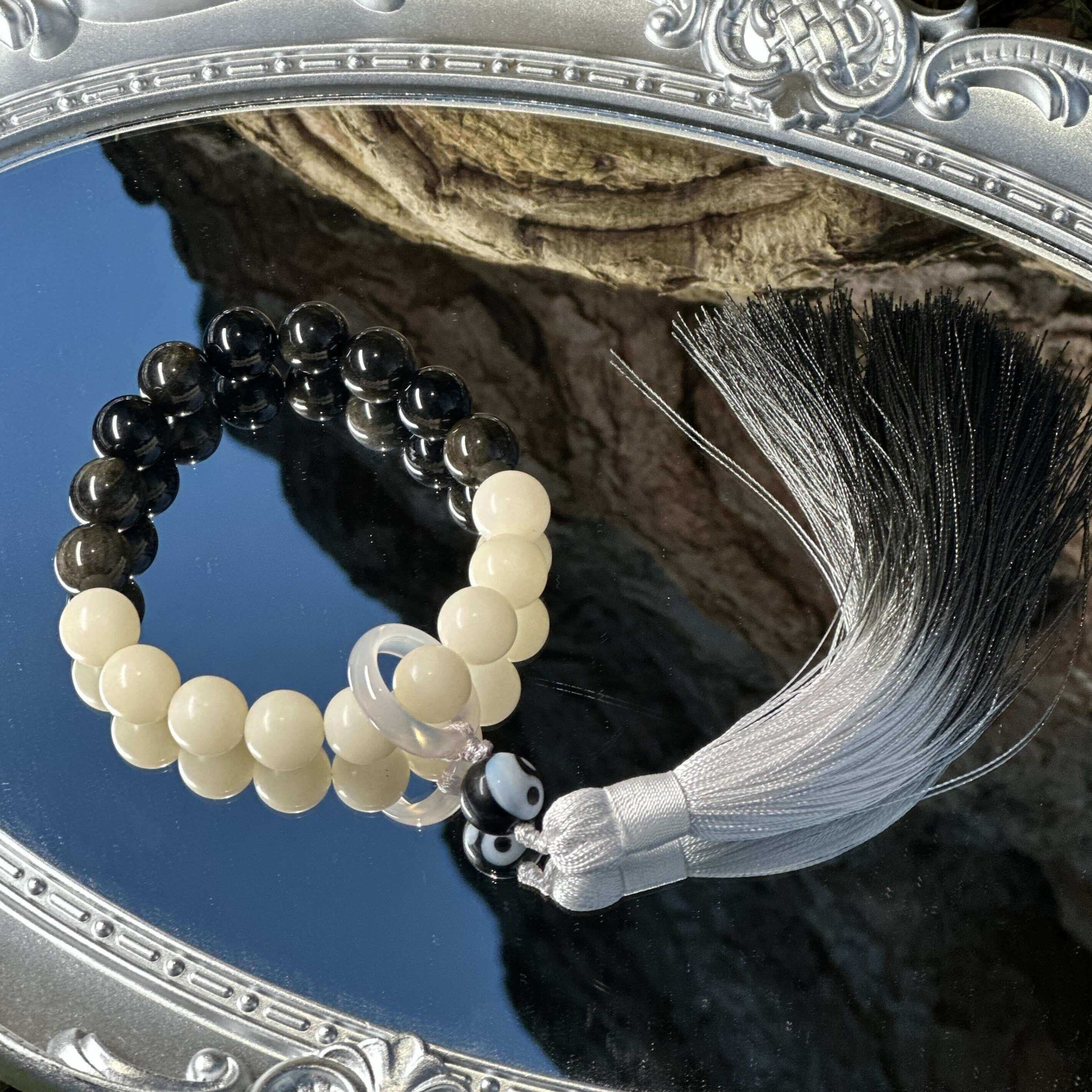 "The Balance of Form" | Obsidian & White Bodhi Beaded Bracelet with Tassel - Dao Verse