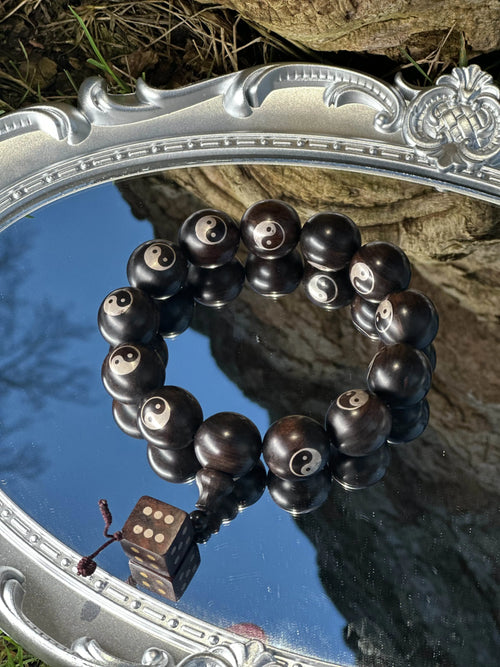 "The Duality Loop" | Hand - Inscribed Yin–Yang Ebony Wood Bracelet - Dao Verse